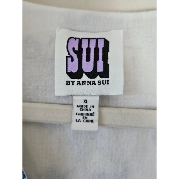 Anna Sui embroidered Floral Blue and Cream v neck puff sleeve blouse XL - Picture 9 of 12